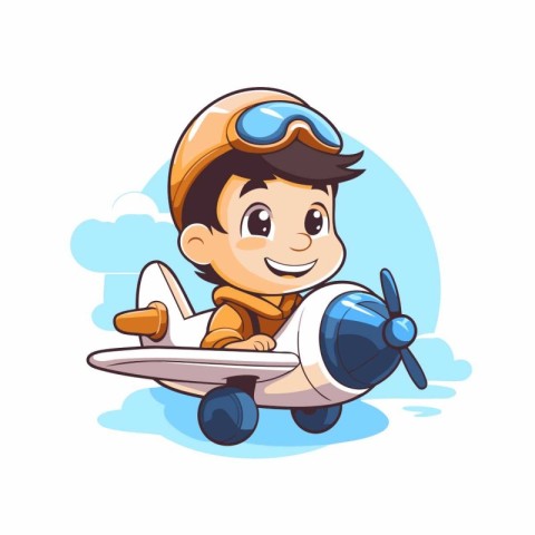 Cute little boy in aviator costume with airplane. Vector illustr