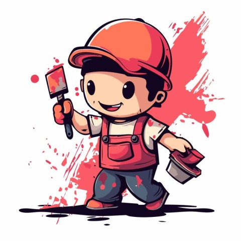 Cute cartoon builder boy with tools on white background. Vector