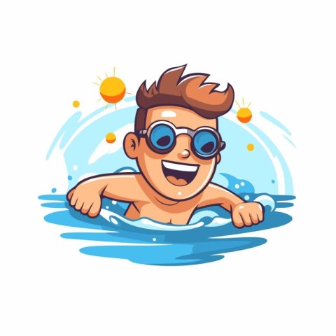 Cute little boy swimming in the pool. Vector cartoon illustratio