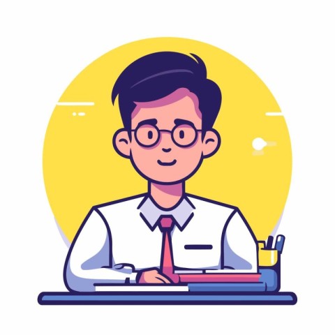 Businessman working at the computer. Flat vector illustration in