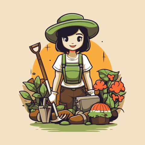 Girl gardener with a shovel and rake in the garden. Vector illus