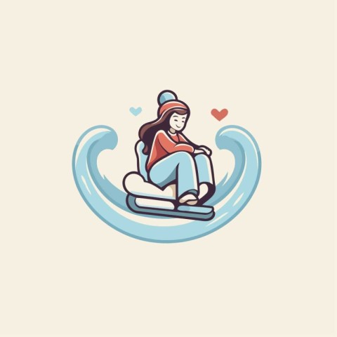 Vector illustration of a girl in a knitted cap sitting on a sled