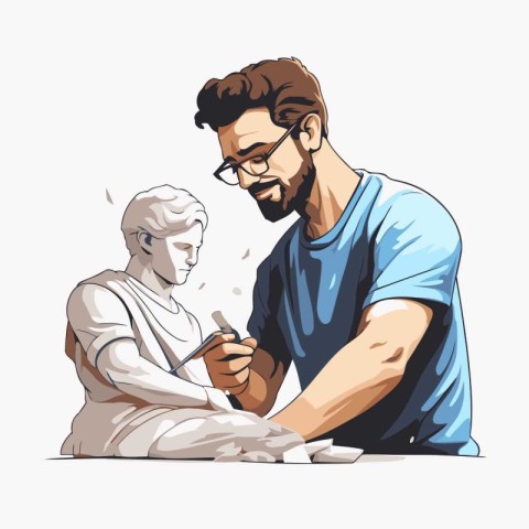 Vector illustration of a young man painting a statue of jesus.