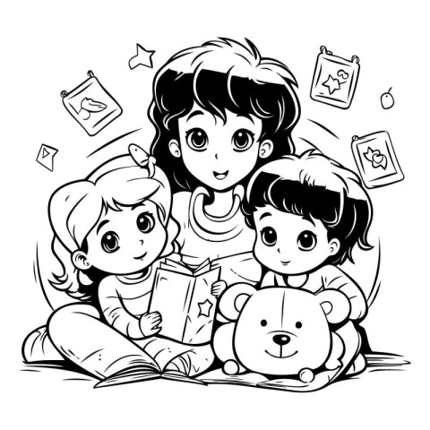 Children and toys. Black and white vector illustration for color