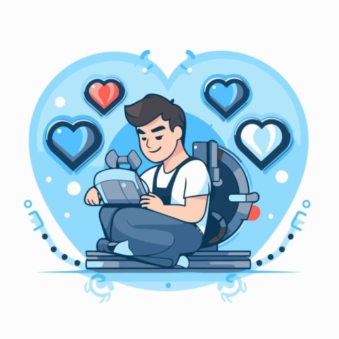 Vector illustration of a man with a laptop in his hands. Flat st