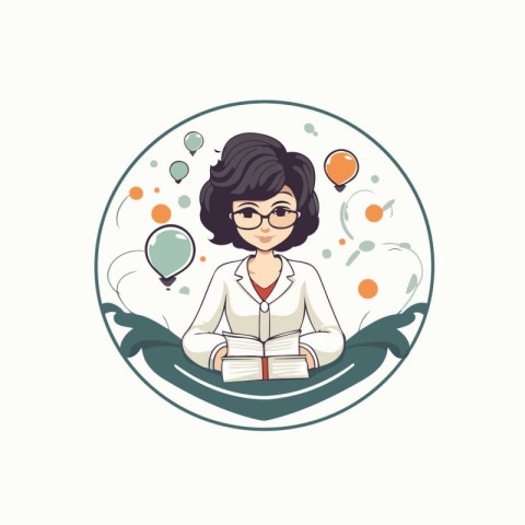 Vector illustration of a girl with glasses reading a book in a r