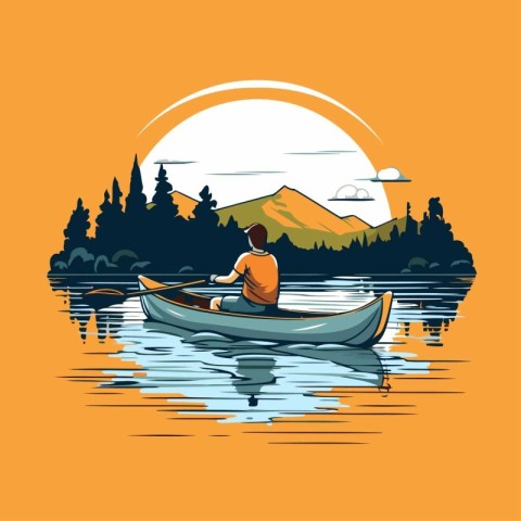 Man in a canoe on the lake. Vector illustration in flat style.