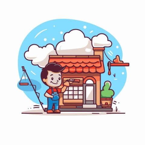 Cute little boy building a house. Vector illustration in cartoon