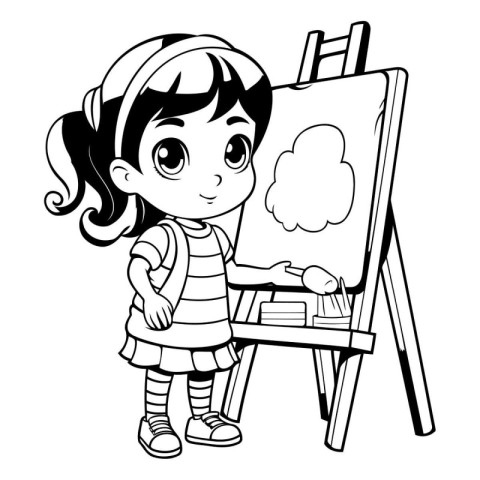 cute little girl painting on easel cartoon vector illustration g