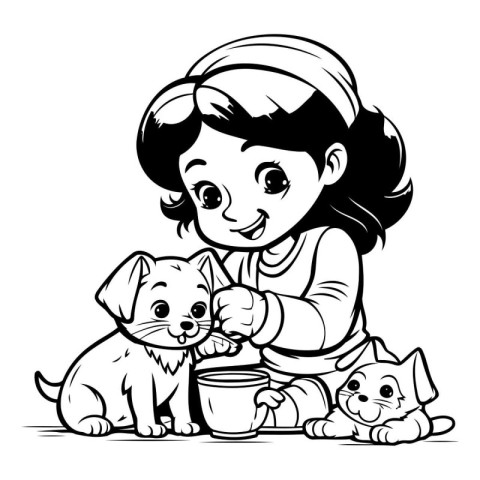 Little girl feeding her puppy. Black and white vector illustrati