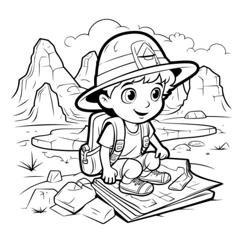 Black and White Cartoon Illustration of Kid Boy Hiking or Campin