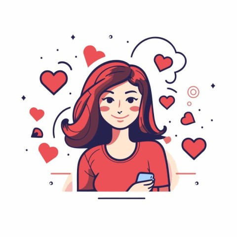 Vector illustration of a young woman with mobile phone and heart