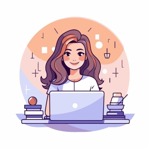 Young woman working on laptop at home. Vector illustration in ca