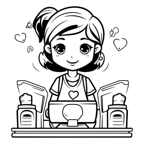 Black and White Cartoon Illustration of Cute Little Girl with La