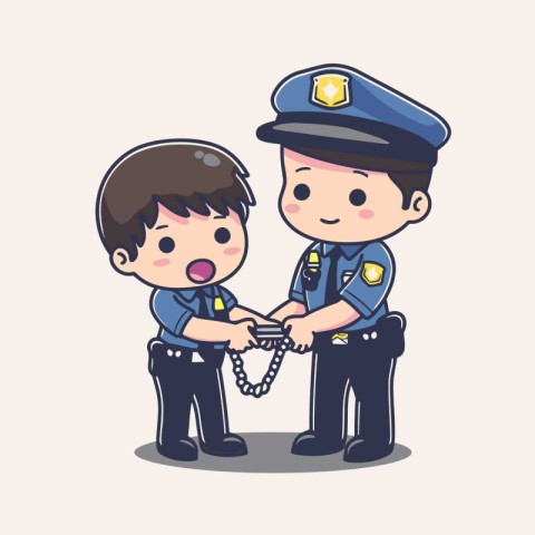 policeman and boy with handcuffs - police concept - vector illus