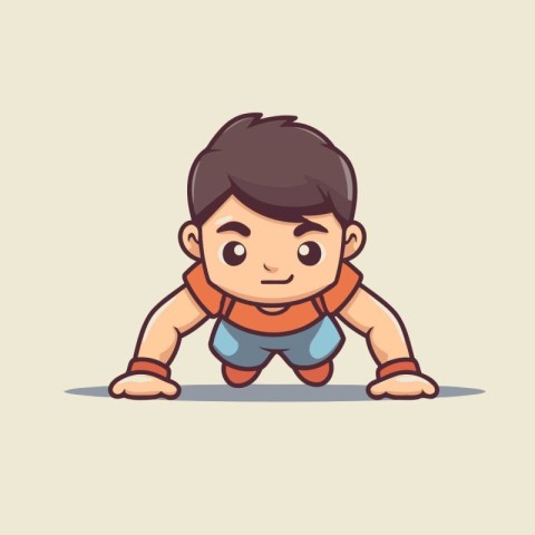 cute little boy doing push-ups. cartoon vector illustration.