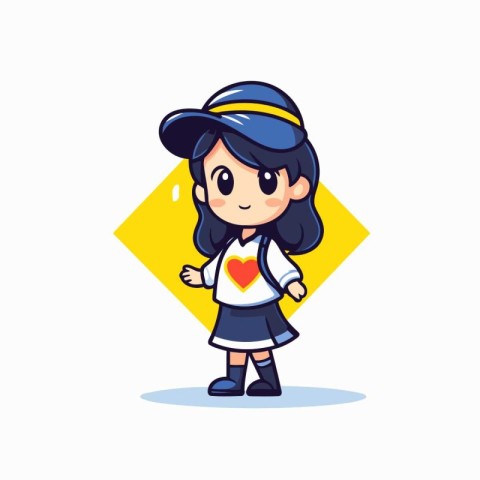 School girl with backpack and cap. Cute cartoon vector illustrat