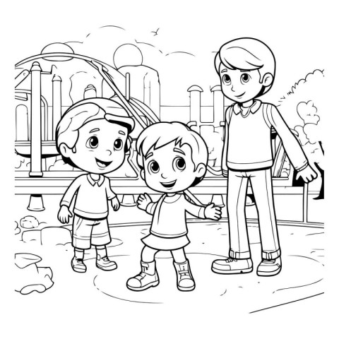 Children playing in the park. black and white vector illustratio