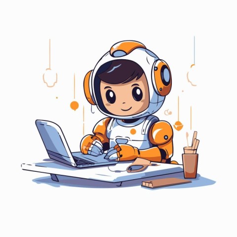 Cute little astronaut working on laptop. Vector illustration in