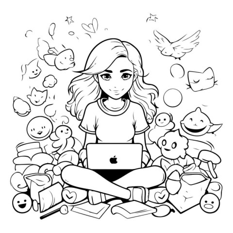 Vector illustration of a girl with a laptop sitting on a pile of