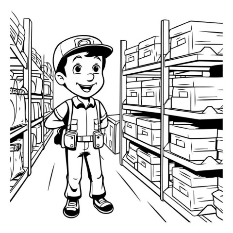 Cartoon image of a warehouse worker standing in front of shelves