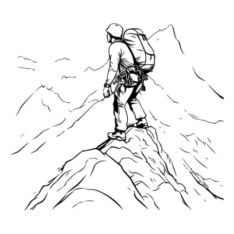 hiker on the top of the mountain. sketch vector graphics monochr