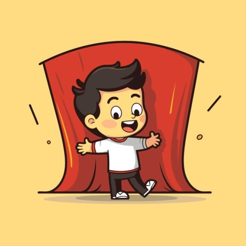 Cute boy running out of the theater. Vector flat cartoon illustr