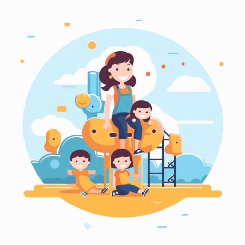 Happy family playing on the playground. Vector illustration in a