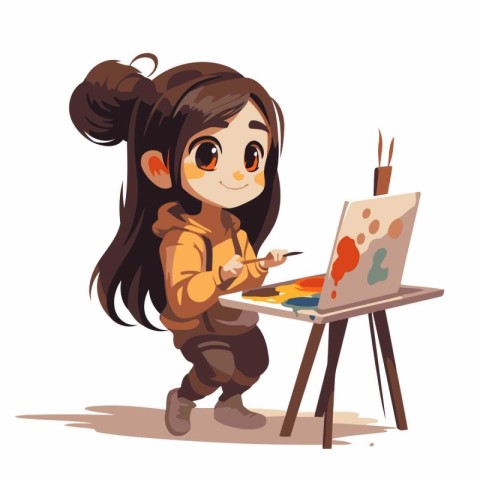 Little girl painting on canvas. Cute cartoon character. Vector i