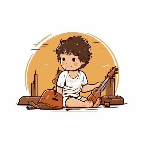 Cute little boy playing guitar. vector illustration. Cartoon sty