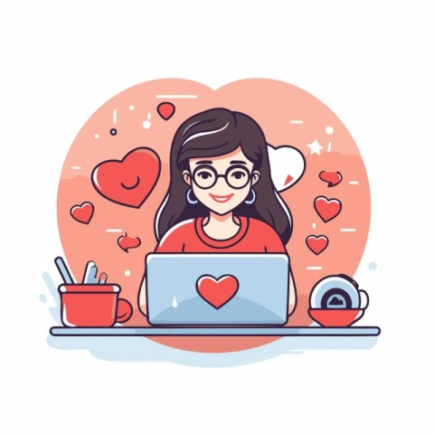 Cute girl working on laptop. Vector illustration in cartoon styl