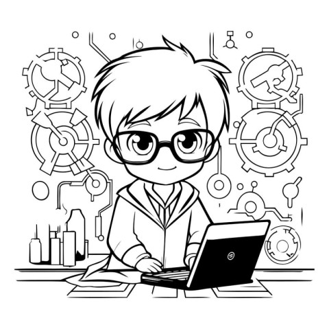 Black and white vector illustration of a boy in glasses working