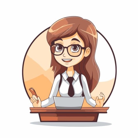 Young businesswoman working on laptop. Vector illustration in ca