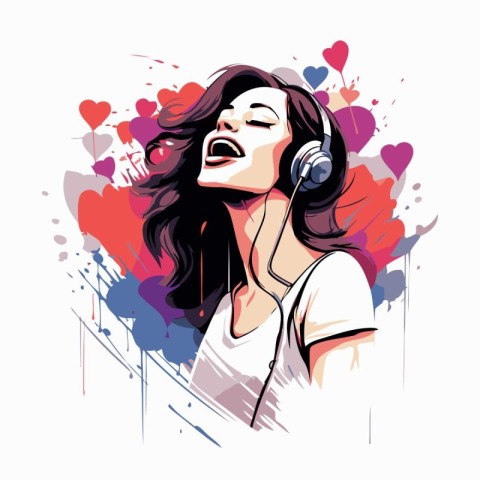 Beautiful young woman listening to music with headphones. Vector