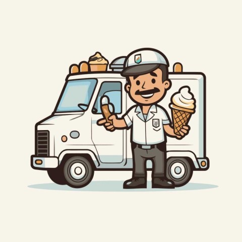 delivery man with ice cream truck cartoon vector illustration ep