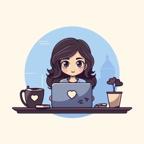 Cute cartoon girl with laptop and coffee cup. Vector illustratio