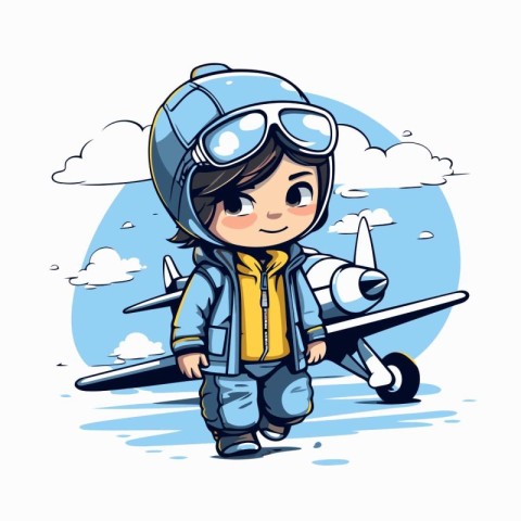 Cute little boy in aviator helmet and airplane. Vector illustrat