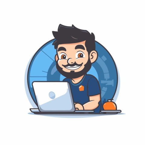 Cute cartoon man with laptop. Vector illustration on white backg