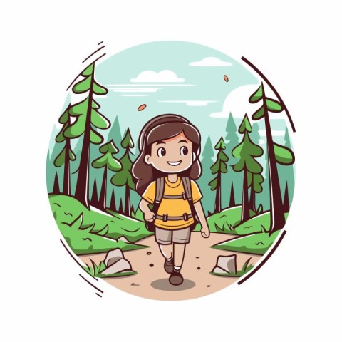 Girl with backpack hiking in forest. Vector illustration in cart