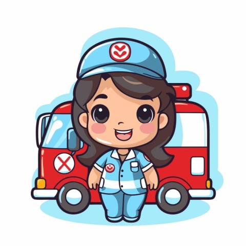 Cute girl with ambulance cartoon character. Vector illustration