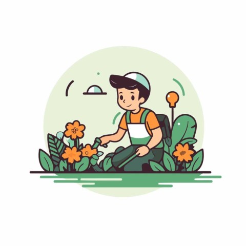 Gardener working in the garden. Flat style vector illustration.