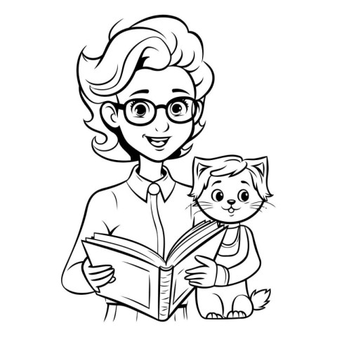 Senior woman reading a book with her cat. black and white vector