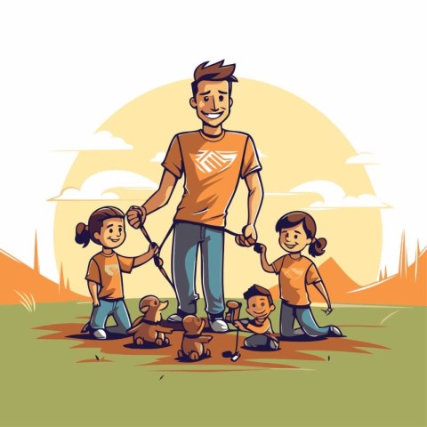 Father and children with dog in park. Vector illustration in car