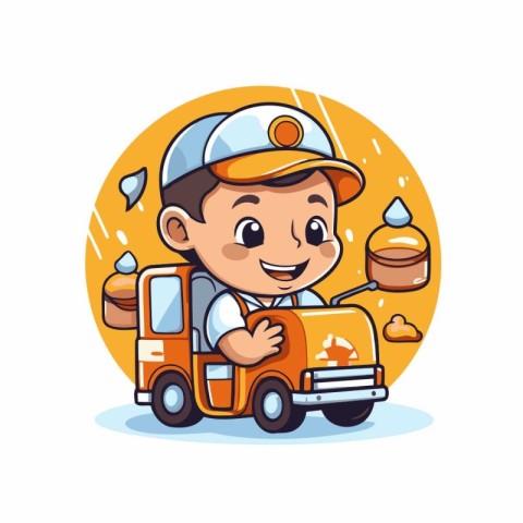 Cute little boy in a cap with a toy truck. Vector illustration.