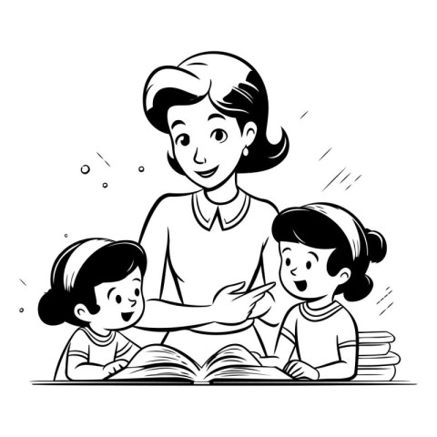 Mother with kids reading a book. Black and white vector illustra