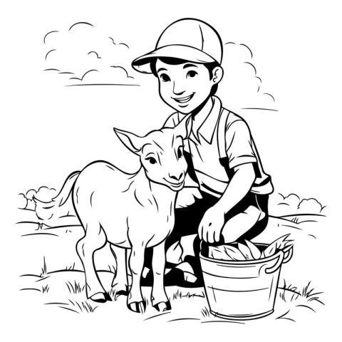 Young farmer with a goat on the farm. black and white vector ill