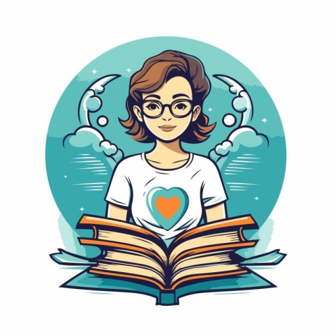 Vector illustration of a girl reading a book and holding a heart