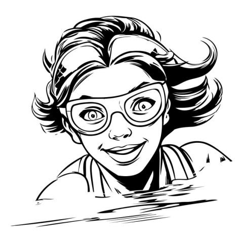 Vector illustration of a woman with glasses. Black and white ima