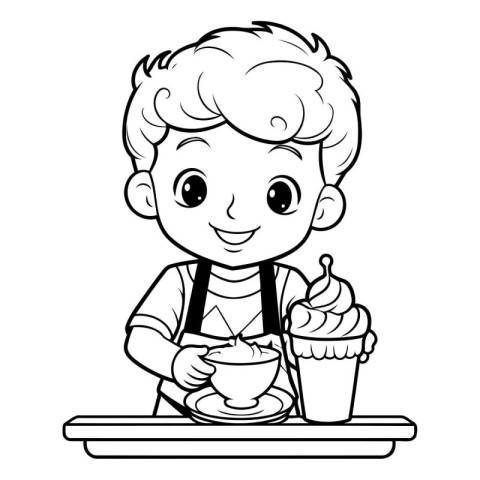 Black and White Cartoon Illustration of Cute Little Boy Holding