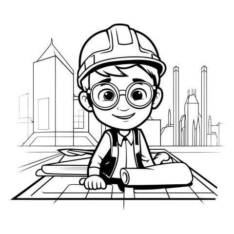 Construction engineer boy cartoon with helmet and blueprint vect